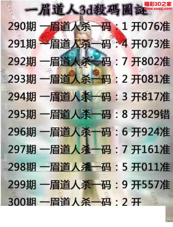 3d杀码图 3d300期一眉道人杀码 16错1          3d300期于海滨杀码图