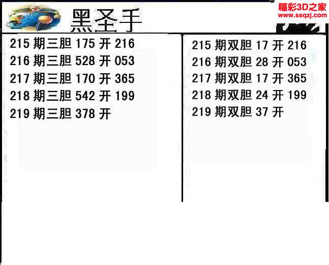 3d15219期黑圣手独胆