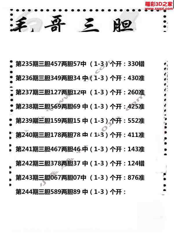 3d244期独胆三毛 8错1