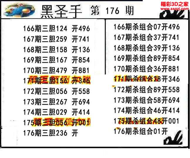 3d17176期黑圣手独胆 中0